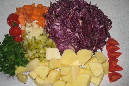Мяско с овощами и с фиолетовой капустой,с солеными огурчиками из рукава.: шаг 1