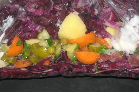 Мяско с овощами и с фиолетовой капустой,с солеными огурчиками из рукава.: шаг 4