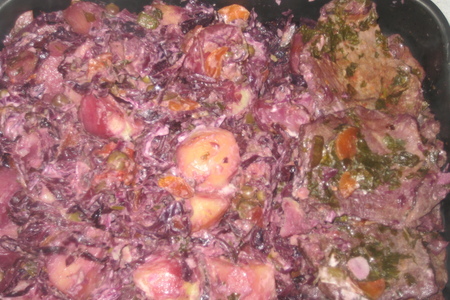 Мяско с овощами и с фиолетовой капустой,с солеными огурчиками из рукава.: шаг 5