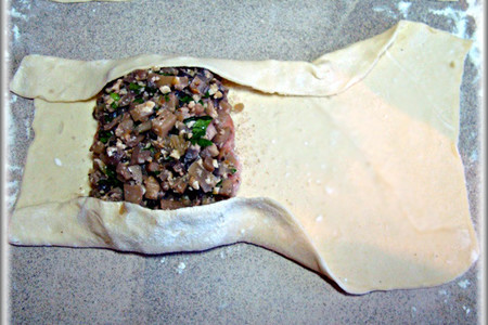 Лосось с грибами в слоёном тесте и укропным соусом с лёгким салатом.: шаг 12