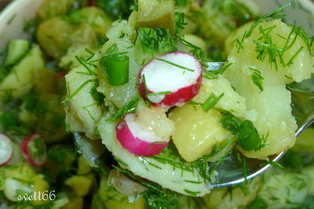 Тёплый салат из молодого картофеля, свежих и маринованных овощей для леночки ( mama elena): шаг 7