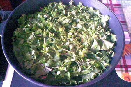 Сырно-сливочное суфле на подушке из листьев свеклы с мясной начинкой и зеленью: шаг 4