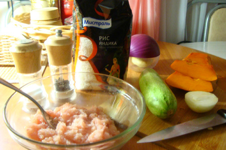 Куриные ёжики в томатном соусе с кабачком и тыквой.(ужин для моего короля): шаг 1