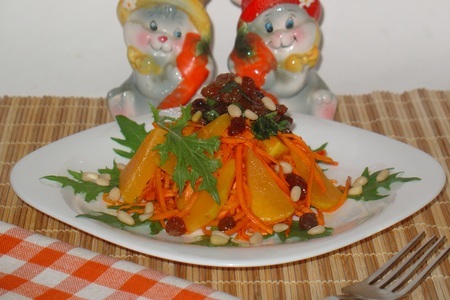 Салат из тыквы с морковью и изюмом +ideal+руккола,куркума, имбирь.: шаг 7