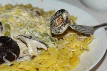 Фото к рецепту: Паста домашняя "птички" с грибами в сливочном соусе