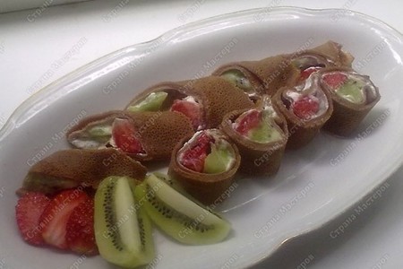 Фото к рецепту: Шоколадный ролл с клубникой и киви