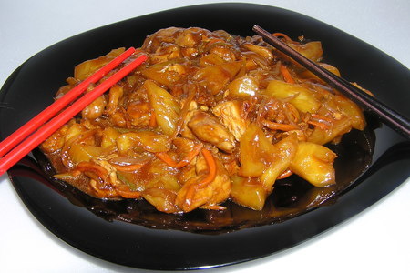 Фото к рецепту: Мясо с ананасами или гуинджоу.
