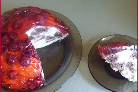 Фото к рецепту: Сливочно-йогуртовый десерт с шоколадным бисквитом в вишнёвом куполе