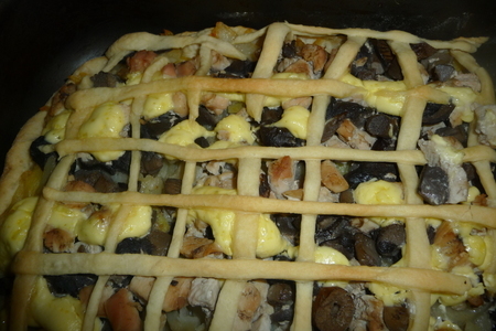 Фото к рецепту: Пирог-закуска с картофелем,грибами и курочкой