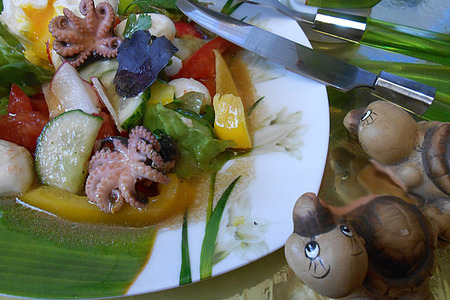 Фото к рецепту: Салаты с карпаччо и осьминогами, а также две окрошки с ними же, и пара способов варки яиц-пашот