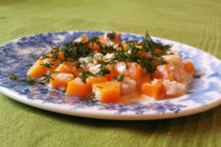 Фото к рецепту: Рыба с тыквой, тушеная в сметане (фм "ужин за 150 р.)