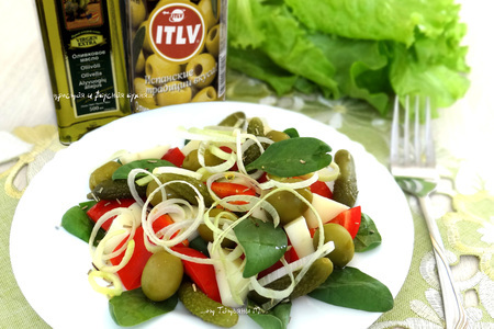 Фото к рецепту: Легкий салат со шпинатом, оливками и маринованными огурцами-корнишонами
