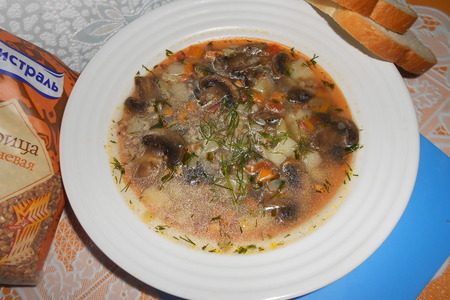 Фото к рецепту: Суп с гречкой и шампиньонами