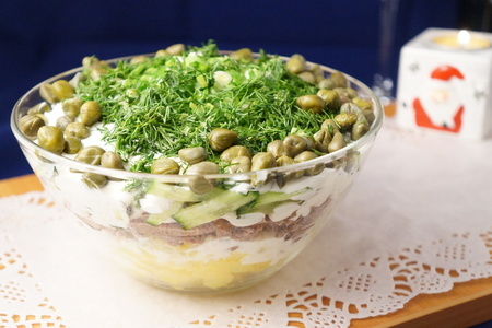 Фото к рецепту: Мясной салат с каперсами и свежими огурцами