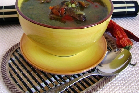 Фото к рецепту: Суп с бараниной, чечевицей и птитимом или маш угро шурва ковурма на современный российский лад