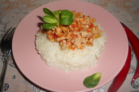 Фото к рецепту: Рис жасмин с фаршем индейки и домашней  аджикой