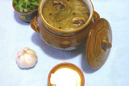 Фото к рецепту: Вегетарианские щи с квашеной капустой, фасолью, свежими шампиньонами и сухими грибами, томленые в духовке                   