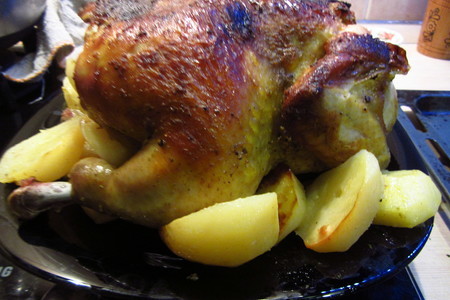 Фото к рецепту: Курица запеченная с яблоками и картошкой
