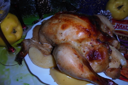 Фото к рецепту: Курица в чесночном маринаде с айвой