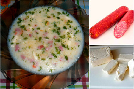 Фото к рецепту: Сырный суп с копчёной колбасой и вермишелью