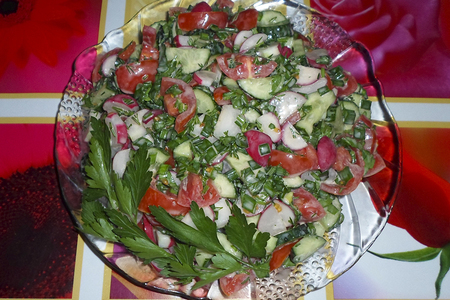 Фото к рецепту: Салат к шашлыку из редиски, огурцов и помидоров