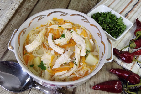 Фото к рецепту: Куриный суп с вермишелью и овощами