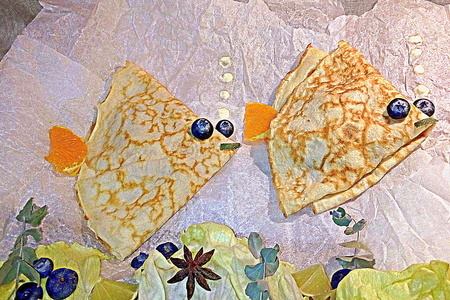 Фото к рецепту: Яичные блинчики с творожным кремом, оформление для детей "коралловые рыбки" #масленица2021
