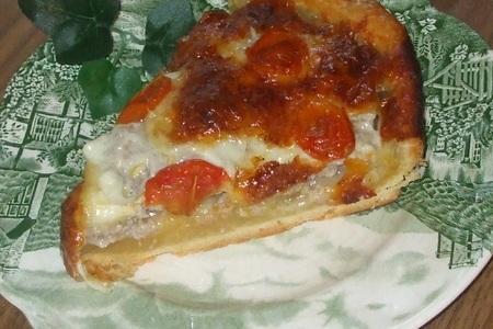 Фото к рецепту: Пирог-пицца  с фаршем, пореем, моцареллой ...
