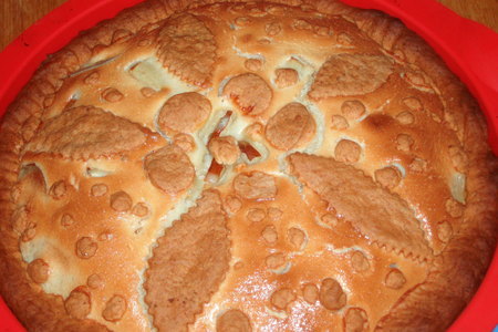 Фото к рецепту: Твороженный пирог с яблочно-грушевой начинкой под сметанной заливкой