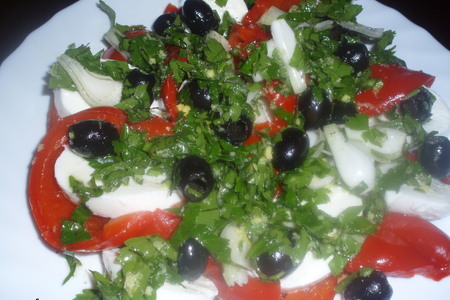 Фото к рецепту: Салат из консервированого красного перца и моцарелли