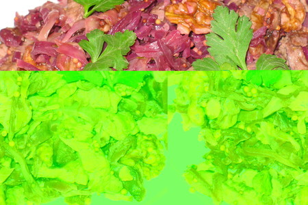 Разноцветная капуста с мясом и орехами.
