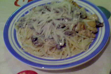 Фото к рецепту: Куриное филе с соусом из грибов и сливок со спагетти