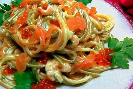Фото к рецепту: Спагетти с малосольной сёмгой, икрой и сливочно-сырным соусом «навеяло!».