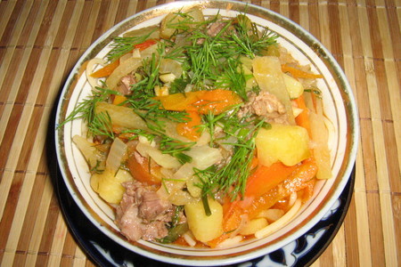 Фото к рецепту: Бюджетный ужин(или обед) в узбекском стиле.