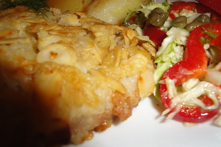 Фото к рецепту: Шницель в миндально-сырной панировке с пряным овощным салатом