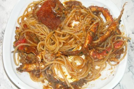 Фото к рецепту: Spaghetti alla margherita "спагетти с крабом"