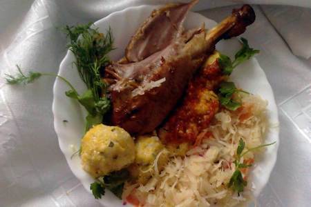 Фото к рецепту: Индейка с кукурузными кнедликами и квашеной капустой