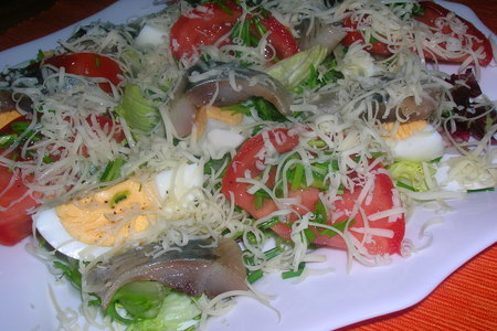 Фото к рецепту: Салат  " экспромт " с сельдью, спелыми помидорами  и сыром