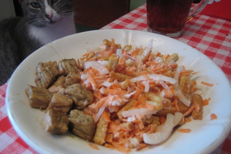 Фото к рецепту: Салат с морковью, сухарями и луком. горько-сладкий
