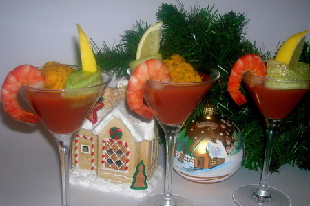 Фото к рецепту: Новогодняя закуска " креветочные шарики на томатном желе" ( конкурс)