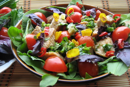 Фото к рецепту: Теплый салат из курицы и помидоров