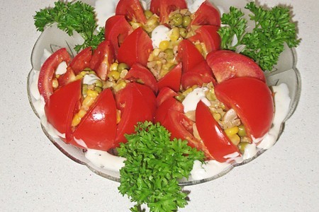 Фото к рецепту: Куриные ножки, тушенные в остром соусе с закуской из помидоров