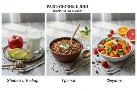 Разгрузочные дни варианты меню: на яблоках и кефире, на гречке на фруктах