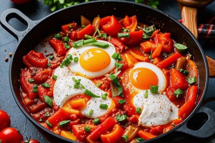 сковорода с шакшукой, красный соус и яйца