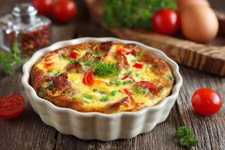 Завтраки в горшочках: омлет с овощами и колбасой