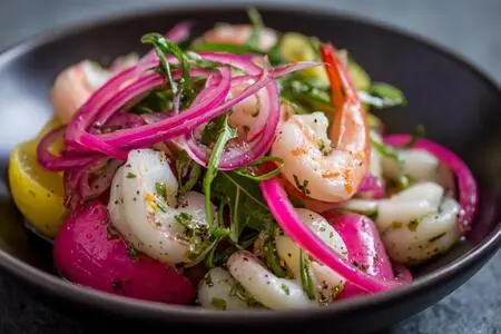 Салат с кальмарами и креветками и маринованным красным луком