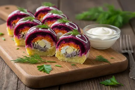 Новогодние роллы «Селедка под шубой»: новый формат любимого салата