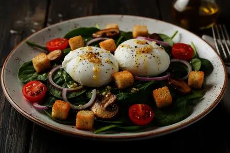 Салат с жареными шампиньонами, шпинатом и яйцом пашот