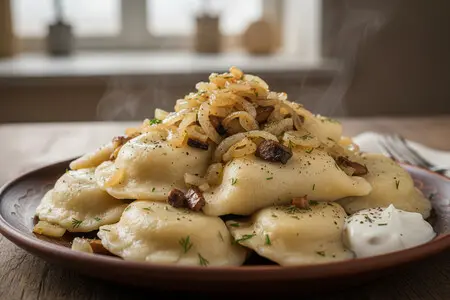 Домашние вареники с картошкой и грибами и жареным луком