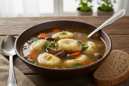 Классический зимний суп с клецками, мясом и картошкой